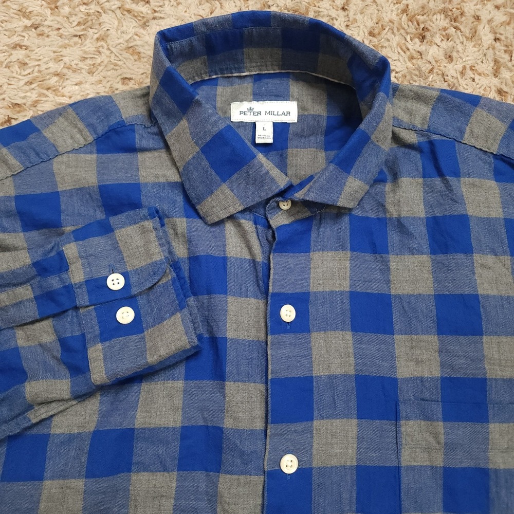 Peter‎ Millar Blue Gray Plaid Mens L Cotton Long Sleeve Button Up Casual Shirt